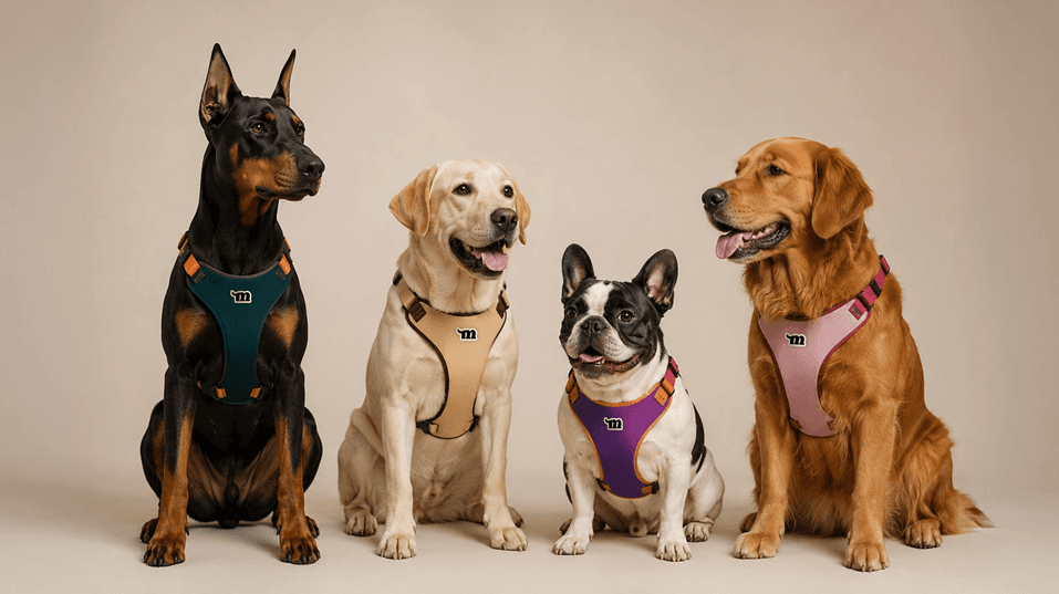 Cães de diferentes portes e raças usando acessórios Multipatas